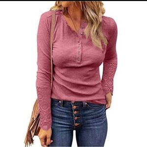 NWOT Haute Edition Women's Henley T-Shirt Top with Lace Long Sleeve